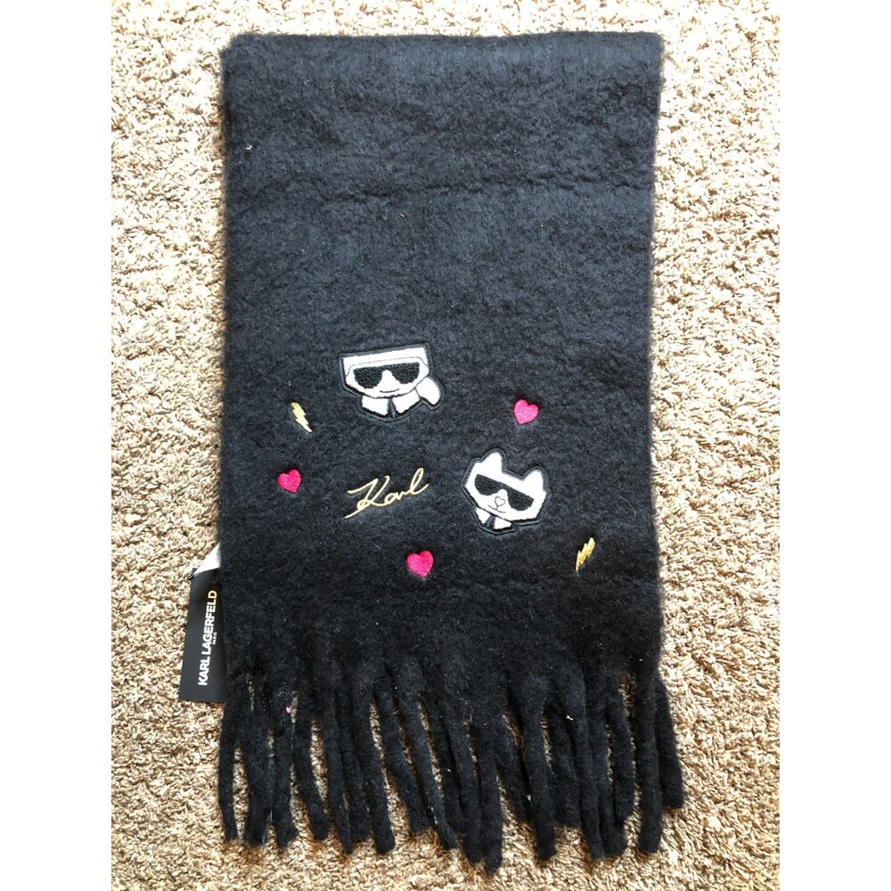 NWT Karl Lagerfeld Paris Soft Thick Black Cat Fringe Scarf 15"x78"